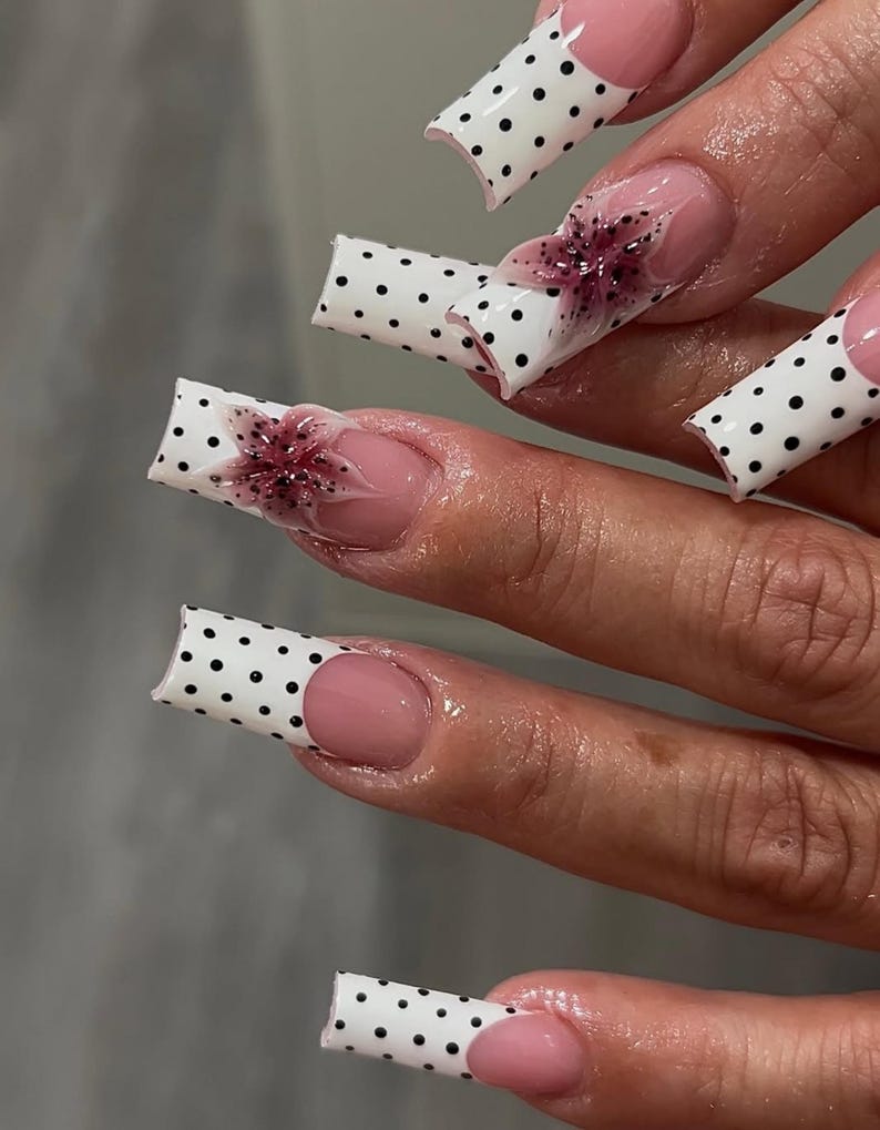 Luxe Polka Dot Press On Nails | White French Tip with Black Dots Nail Art | 3D Pink Flower Accent Nails | Handmade Long Square Nails