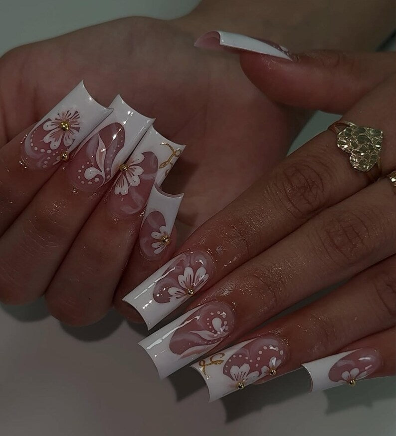 Elegant Blossom French Press On Nails | White & Pink Floral Nail Art | Long Square Handmade Luxury Set | Delicate 3D Flower Nails