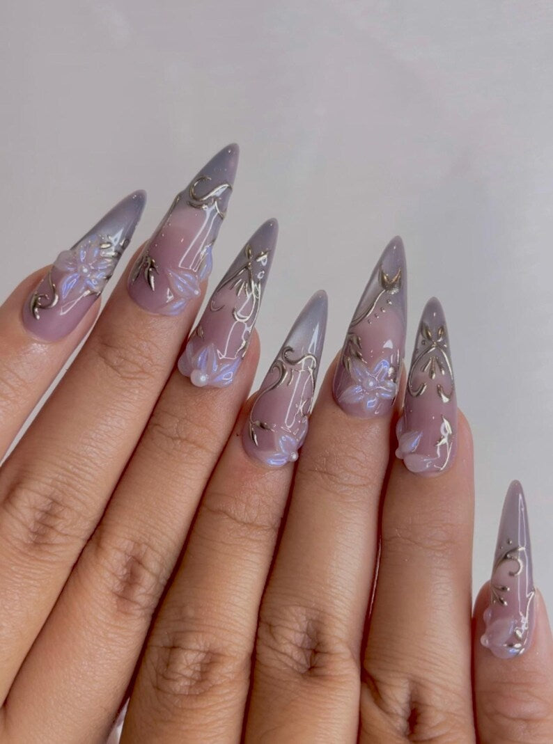 Spring Floral Elegant Press On Nails | Lavender Smoke French Tips Nail Art | 3D Floral Pearl Nails | Elegant Silver Filigree Design