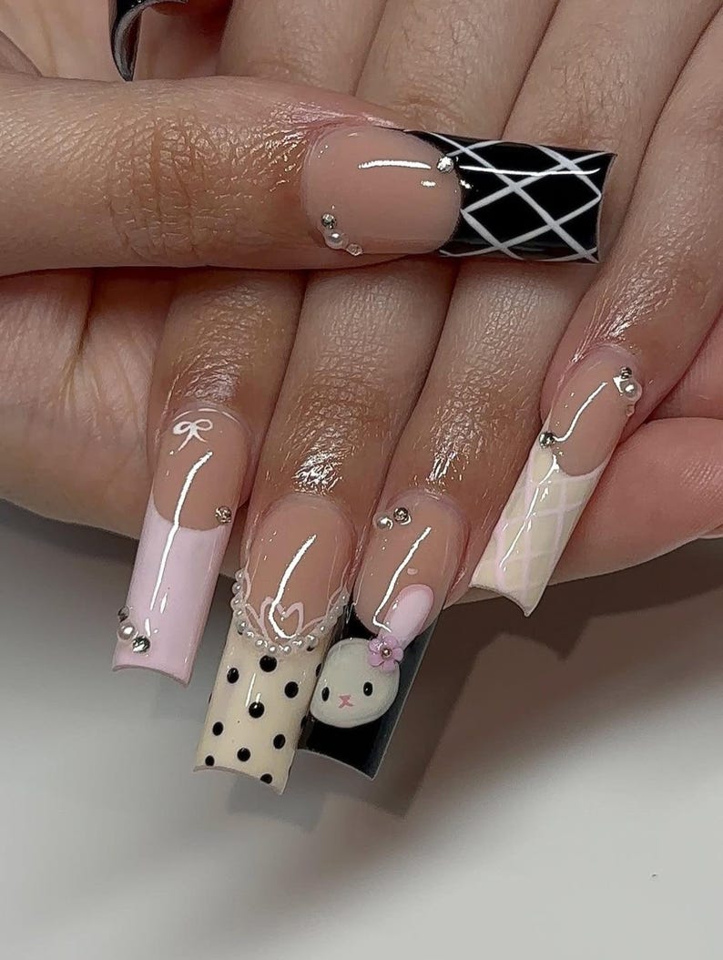 Star Glam Rock Press On Nails | Pink & Black Star Nail Art | Polka Dot French Tip Nails | Edgy Y2K Nail Design | Handmade Kawaii Nails