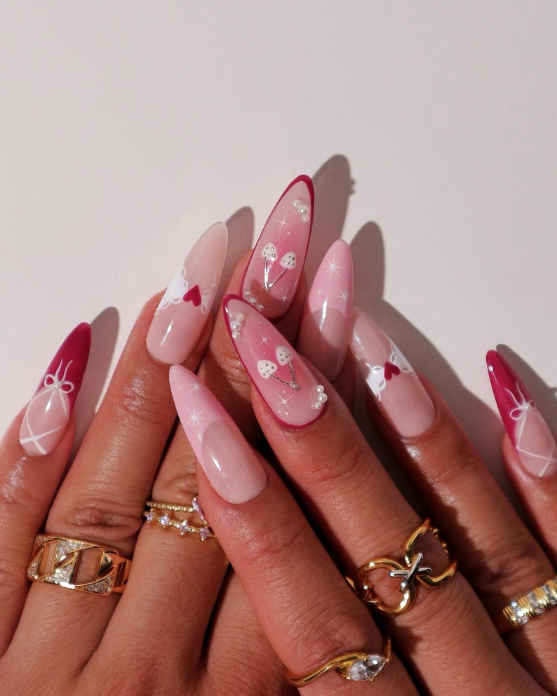 Valentine Press On Nails | Red & Pink Bow Nails | Heart Corset French Tip Nail Art | Cute Fake Nails | White Heart Corset French Tip Nails