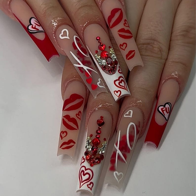 Valentine XO Heart Press-On Nails | Luxury Red XO Nail Art | Valentine’s Love Theme Nails | Elegant Red Kiss Nails | Romantic Design