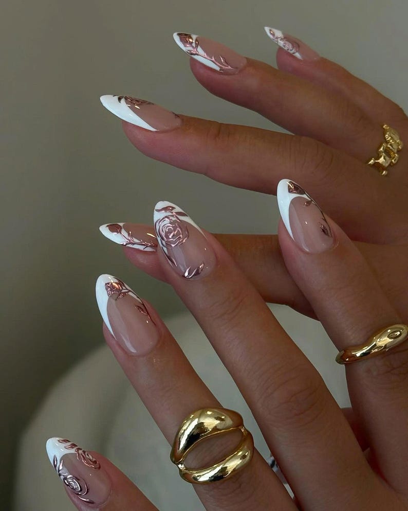 Romantic Rose Press On Nails, Elegant Handmade Press Ons with Pink Chrome Floral Nail Art, Luxury French Tips Nails, Special Occassion Nails