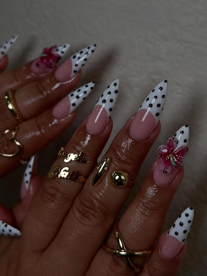 3D Orchid Polka Dot Press On Nails, Pink and White French Tip Nails with Hand Painted Flower, Retro Chic Nails, Handmade Nail Set