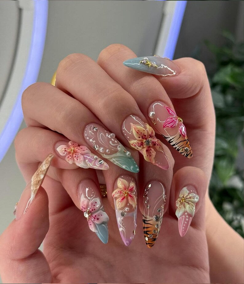 Tropical Glam Press On Nails | Floral & Tiger Nail Art | Y2K Pastel Summer Nails | Bold Vacation Nails | Long Stiletto Leopard Nail