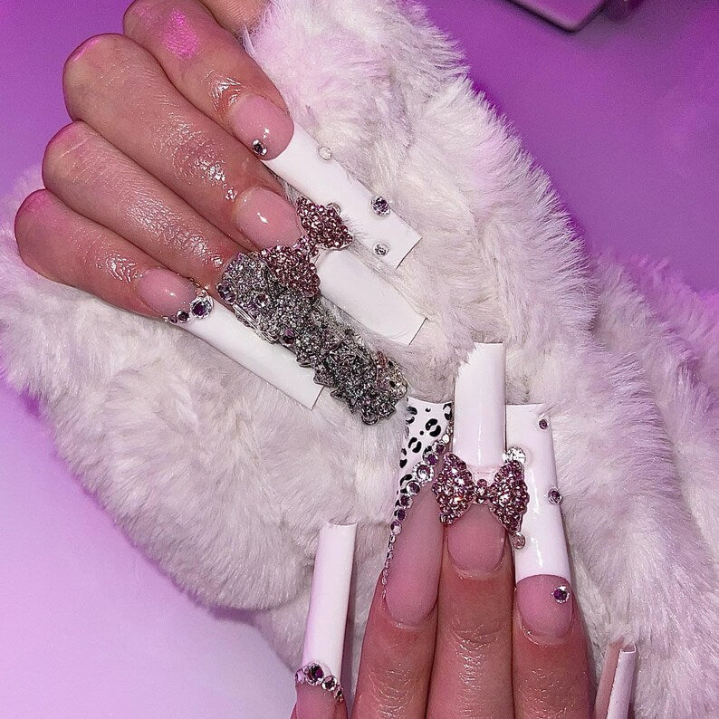 Black White Press On Nails | XL Square Leopard Nails | Sparkly Rhinestone Bow Nail Art | Date Night Statement Press Ons | Girls Night Out