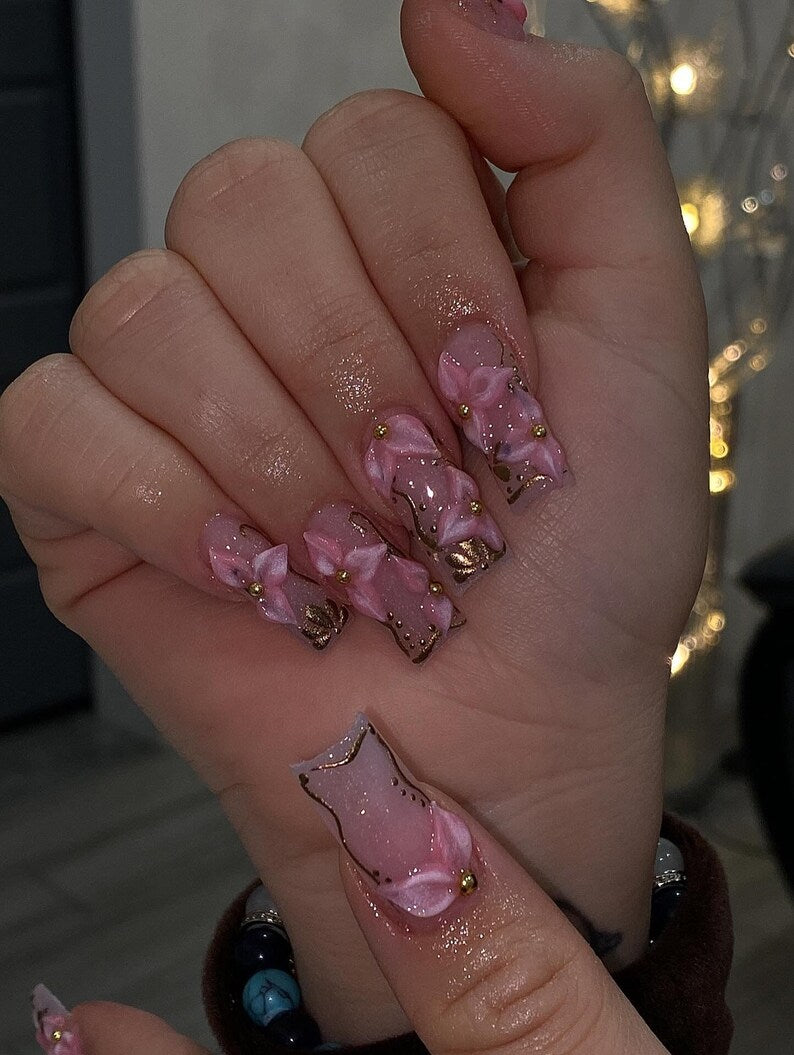 Pink 3D Floral Press On Nails | Long French Tip Barbiecore Nails | Pastel Gold Flower Charm | Girly Glossy Set | Elegant Long Fake Nails