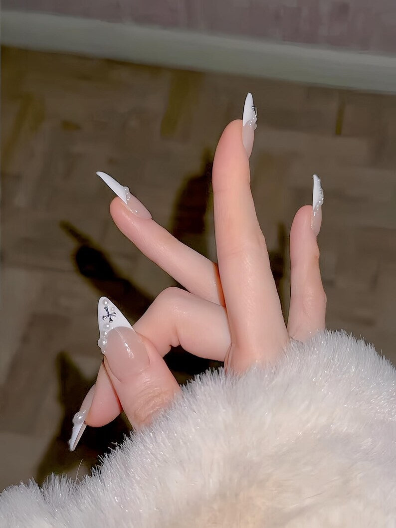 Handmade Pearl Cross Press On Nails: Edgy French Tip Nail Art