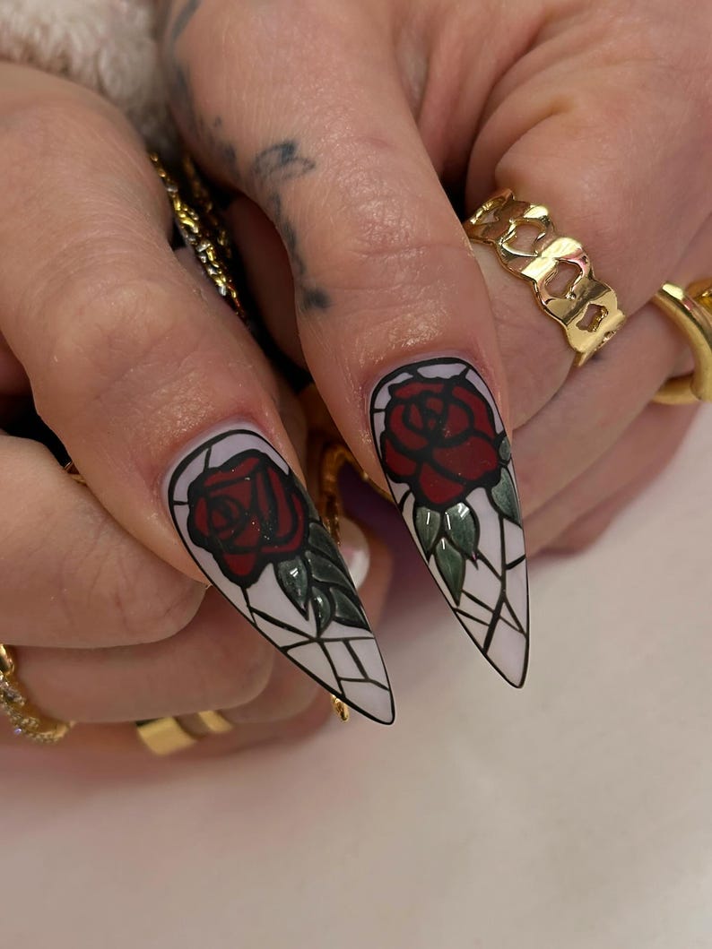 Stained Glass Rose Press On Nails | Gothic Red Floral Transparent Nails | Glass Effect 3D Rose Design | Velvet Rose Deep Red Glossy Nails