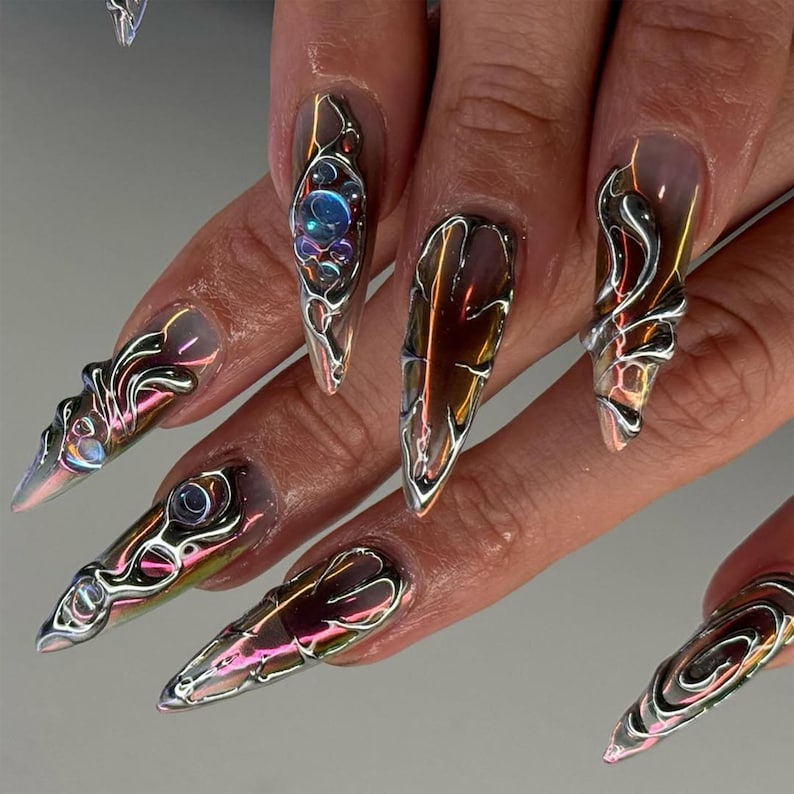 Metallic Chrome Aurora Press On Nails | Holographic Chrome Fake Nails | Elegant Metallic Swirl Nail Art | Holographic Stiletto Nails