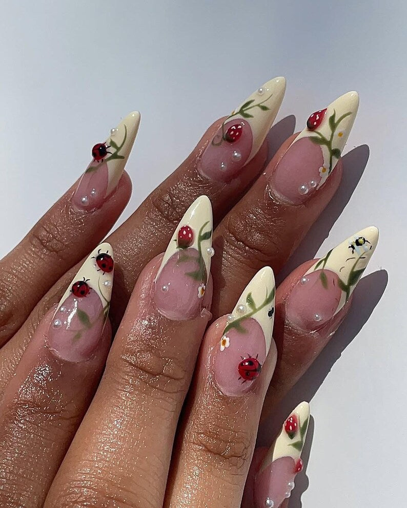 Ladybug Press On Nails, Cute Summer French Tip Nails with 3D Bug Design, Handmade Long Almond Fake Nails