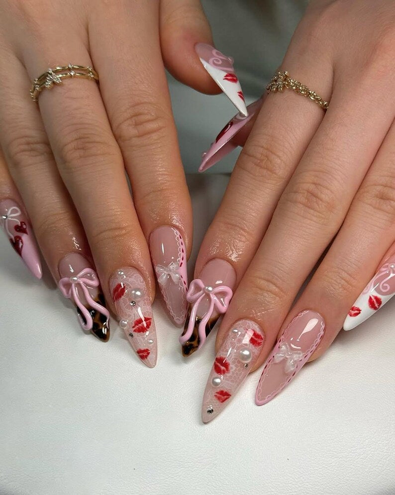 Pink Coquette Press On Nails, 3D Bow Nail Art with Lace and Red Kiss Accents, Cute Romantic Nails, Valentines nails