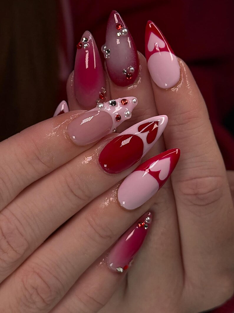 Red Pink Heart Press On Nails, Glitter Valentine Nails, Ombre Almond Nails with Pearls & Gems, Romantic Love Nails, Nails for Date Night