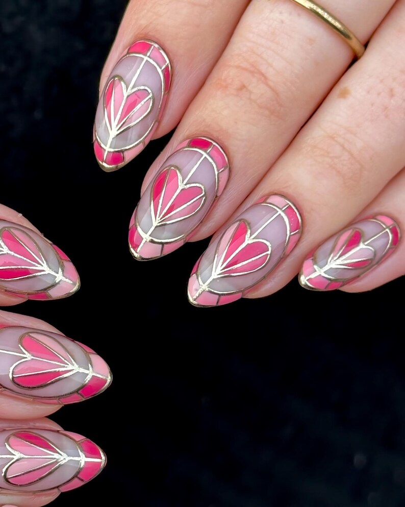 Pink Gold Heart Press On Nails, Stained Glass Almond Nail, Elegant Valentine Nails, Nude Pink Almond Nail, Luxury Handmade Romantic Nail Set