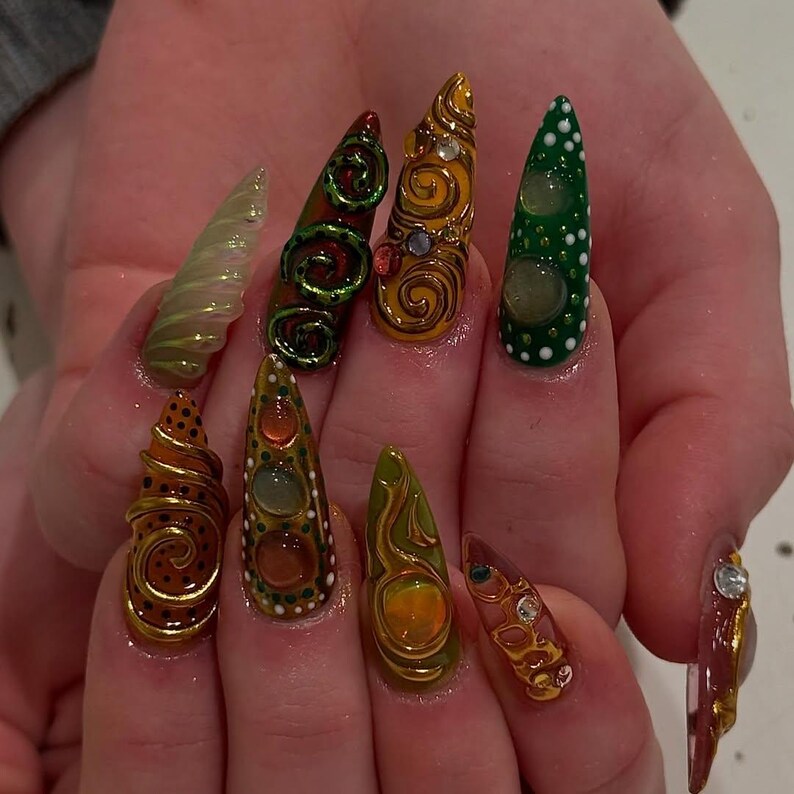 Colorful 3D Texture Press On Nails By SugarNailArt | Eye Art Fake Nails | Funky Gold Accent Nail Art | Color Pop Press Ons | Luxury