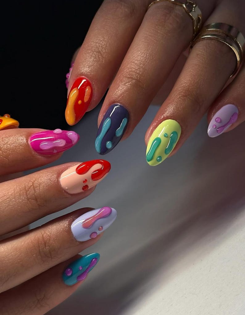Rainbow Drip Pop Press On Nails | Colorful Glossy Nail Art | 3D Dripping Paint Effect Nails | Bright Summer Festival Nails