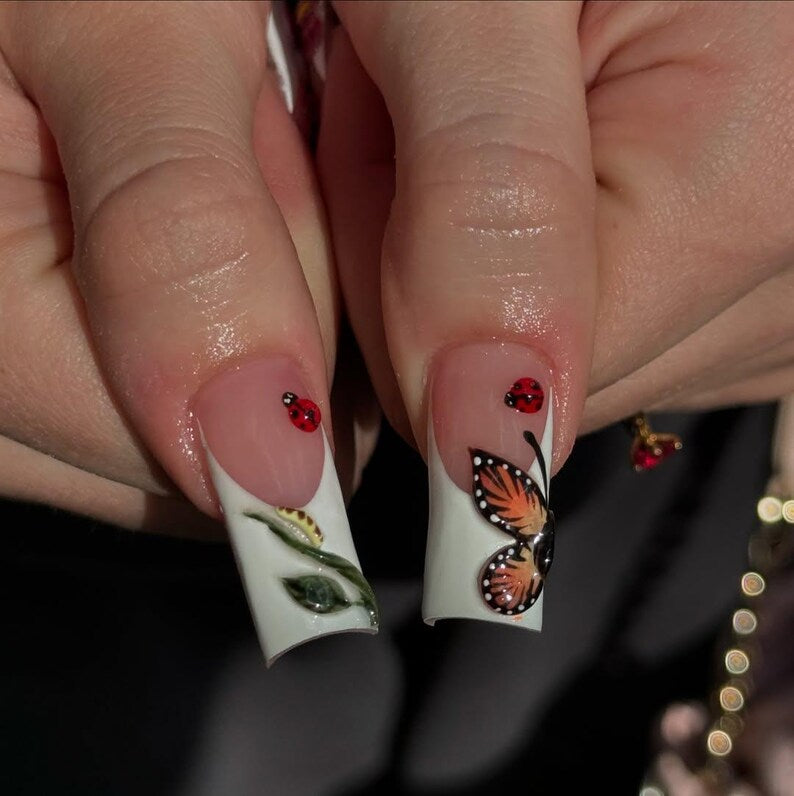 3D Butterfly & Ladybug Press On Nails, Summer Garden French Tip Nails, Cute Ladybug Nails, Nature-Inspired Nails, Reusable Acrylic Nails