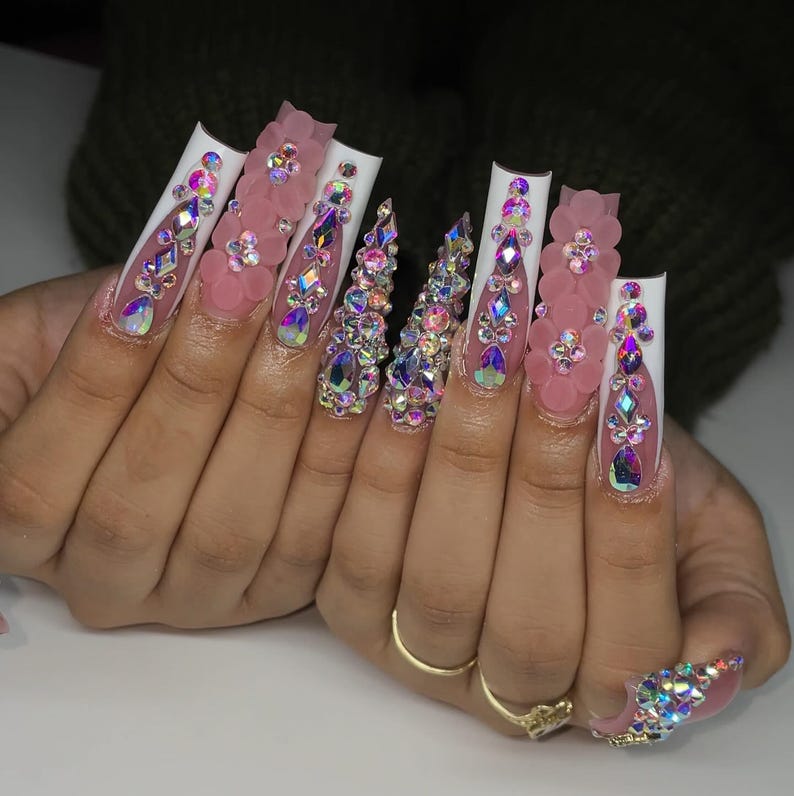 Handcrafted Luxury 3D Flower & Rhinestone Long Square Press On Nails | White French Tip Bling Fake Nails | Trendy Handmade Glam Press Ons