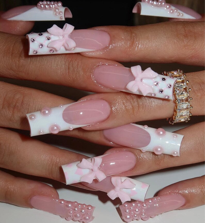 Valentines Pink Bow Press On Nails | Pink, White French Tip Nail Art | Handmade Girly Nail Set |3D Bow Nail | Soft & Elegant Design