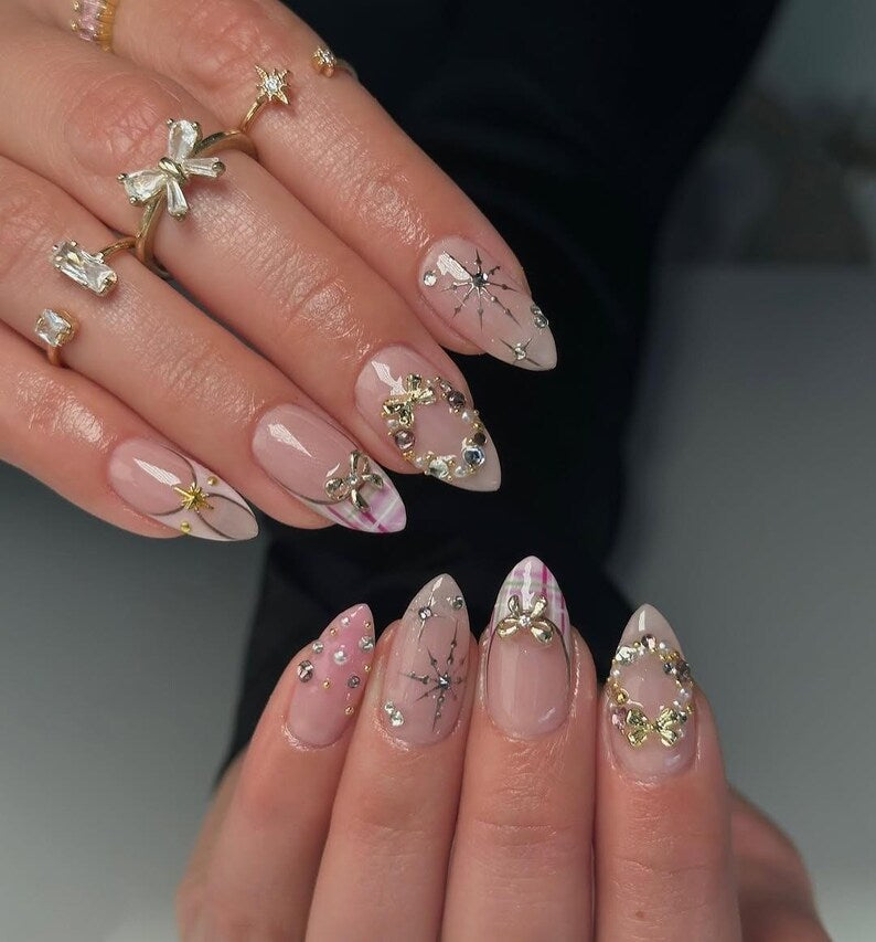 Valentine Gold Bow Press On Nails, Baby Pink Base Nails with 3D Gold Charm, Romantic Coquette Style Handmade Nails, French Tip Nails