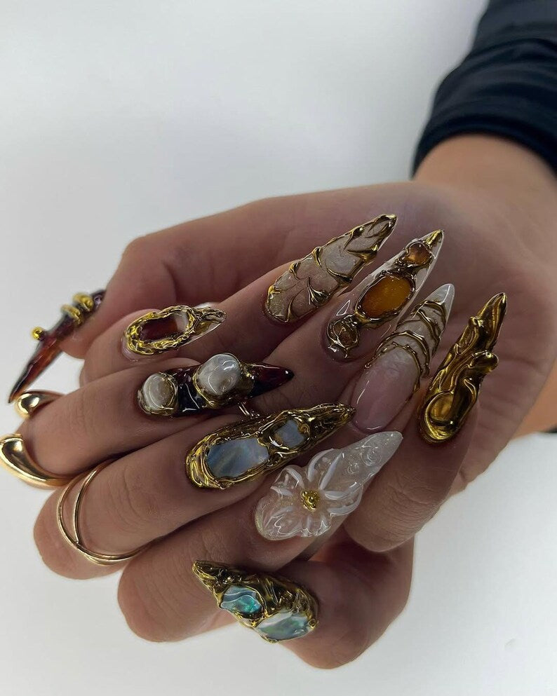 Galaxy Crystal Press On Nails | 3D Gemstone Rock Fake Nails | Gold Metal Accent Nail Art | Crystal Gemstone Press Ons