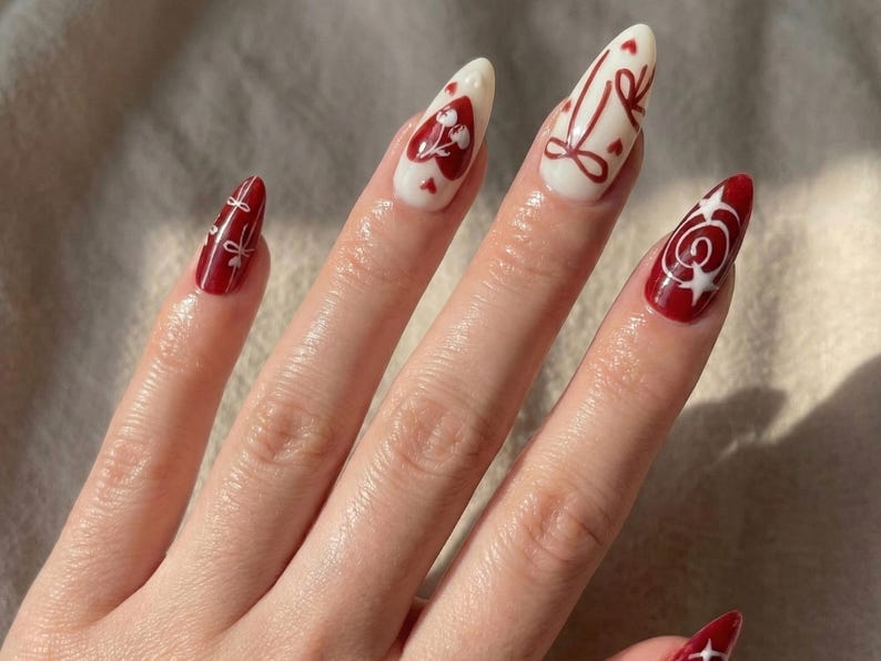 Crimson Valentine Bow Press On Nails for Romantic Girls | Handmade Ribbon & Star Fake Nails | Cream Red Vintage Heart Nail Art