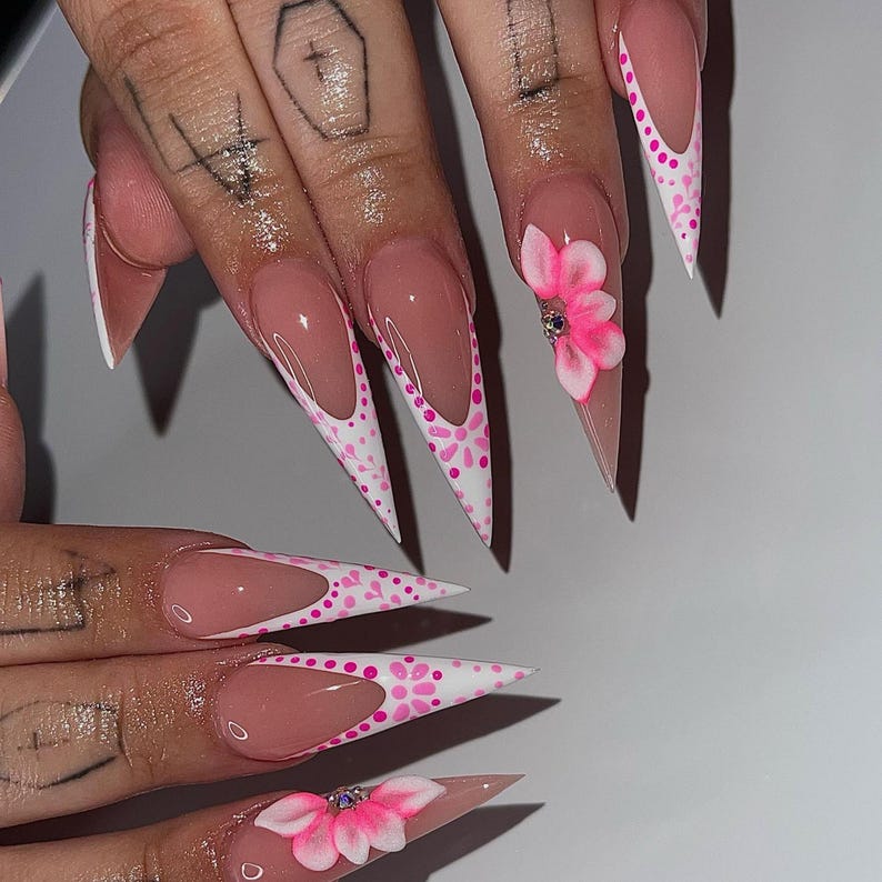 French Tip Press On Nails | 3D Floral Almond Nail Set | Floral Press On Nails Stilleto Irregular French Tips Spring Trendy Nail