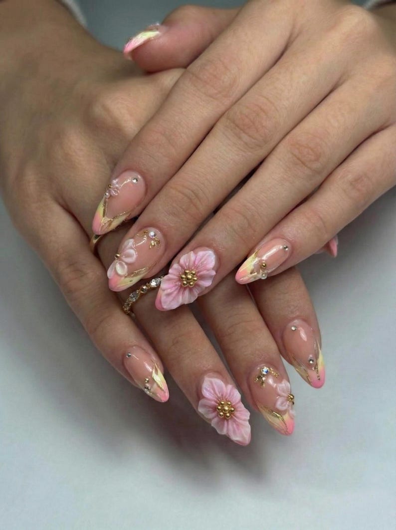 Pink Gold Floral Press On Nails | 3D Flower Stiletto Nails | Handmade Elegant Nail Art | Romantic Luxury Gift for Her