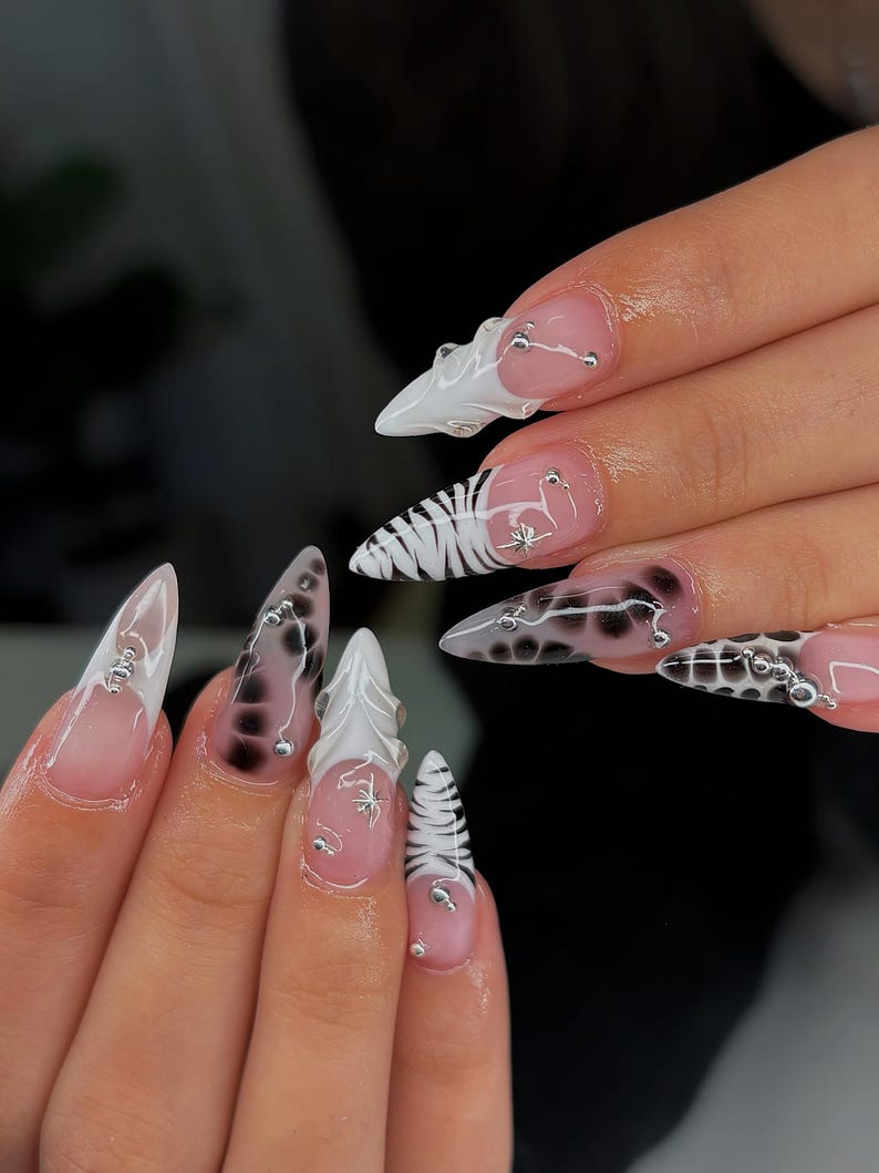 Y2K Mixed Print Press On Nails, Black White French Tip, Zebra Cow Print Nails, Black White Y2K Nails