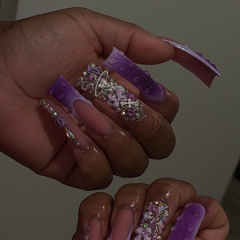 Purple Frencch Tip Press On Nails | Hand-Painted ombre Nail Art | Vibrant Print Nails & Silver Butterfly Accents