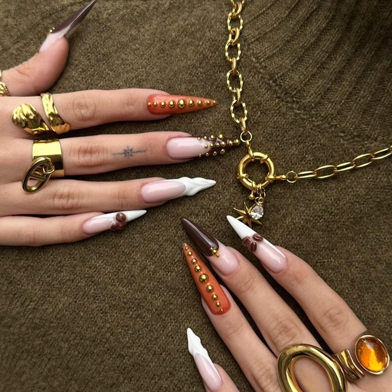 Edgy Brown Fall Press On Nails | Tortoiseshell & Geometric Nail Art | Handmade Luxury Nail Set | Gothic Chic Press On Nails