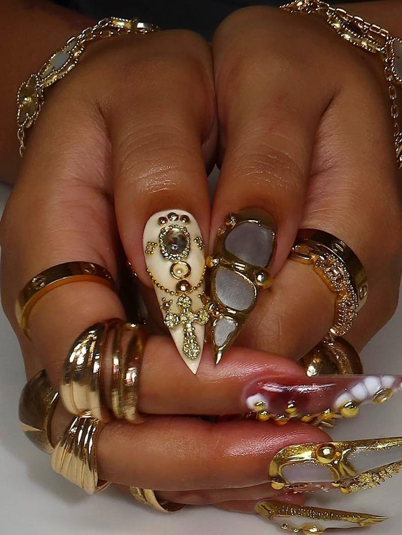 Freestyle Luxury Baroque Gold 3D Press On Nails with Cross Pearl Gem Design, Long Almond Handmade Gothic Nail Art Set For Party, Birthday