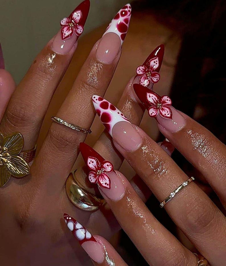 Spotted Red Flower Press On Nail, Long Stiletto Fake Nail for Spring-Summer, Unique French Tips Nail Art, Gel Nails, 3D Nails, Gel Nails
