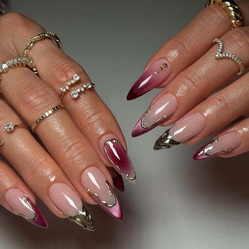 Fairy Red Blush Purple Pink Cat Eye French Tips Press On Nails | Long Almond Ballerina Nails | Valentine Nails | French Tip Ombre Nails