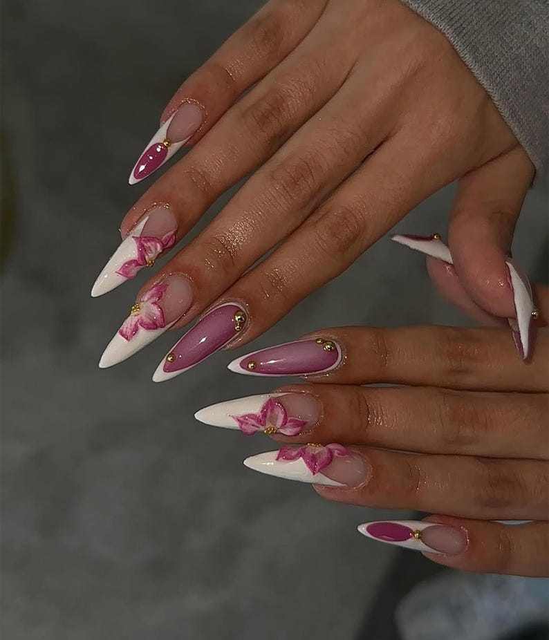 Elegant Orchid Bloom Press On Nails | White French Stiletto Nails | 3D Floral Accent| Elegant Pink & White Nail Art | Handmade Nail