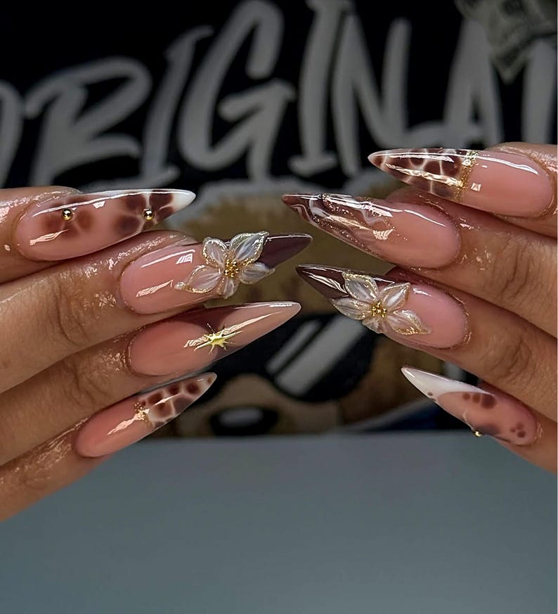 Luxury Autumn Brown Press On Nails | Mocha Gradient, Tortoiseshell & Star Accents | Handmade Nail Set