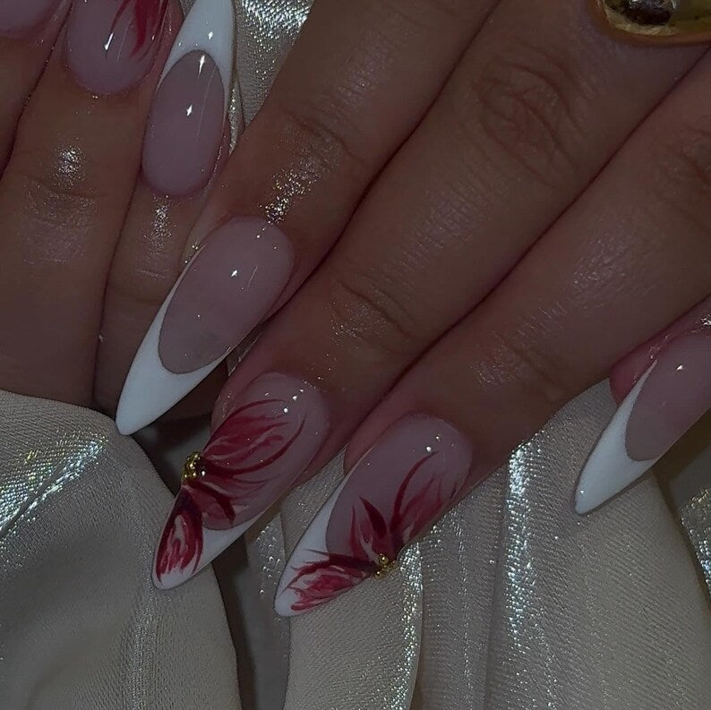 Hand Painted Floral French Press On Nails | Red Flower French Tip Nails | Acrylic Stiletto Fake Nails | Elegant Nail Art Wedding Nails