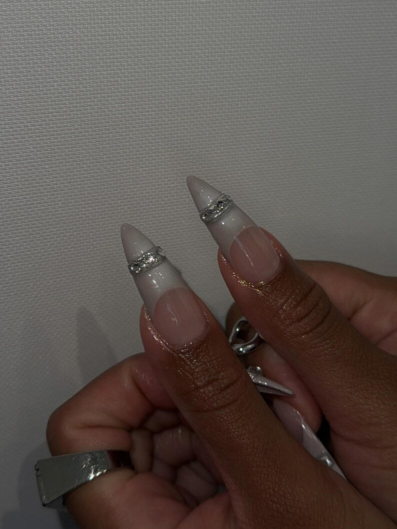 Ombre French Tip Press On Nails | Luxury Press On Nails Long Stiletto Shape | Silver Metallic French Tip | Nail Ring Custom Freestyle