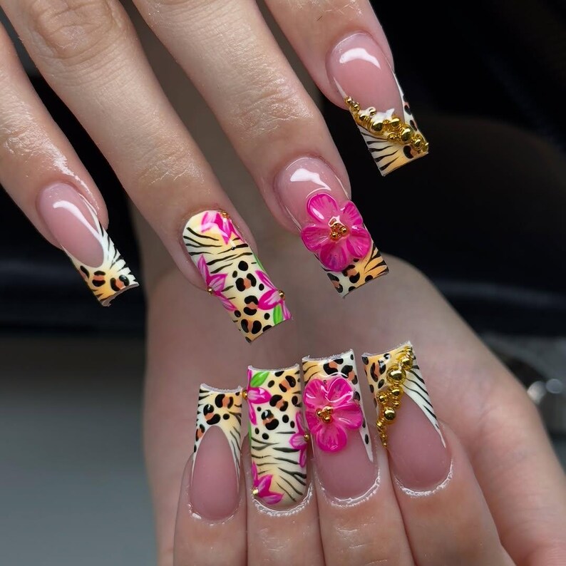 Tropical Safari Press On Nails | Leopard Print Fake Nails | 3D Flower French Tips Nail Art | Glam Jungle Fake Nails | Animal Nails
