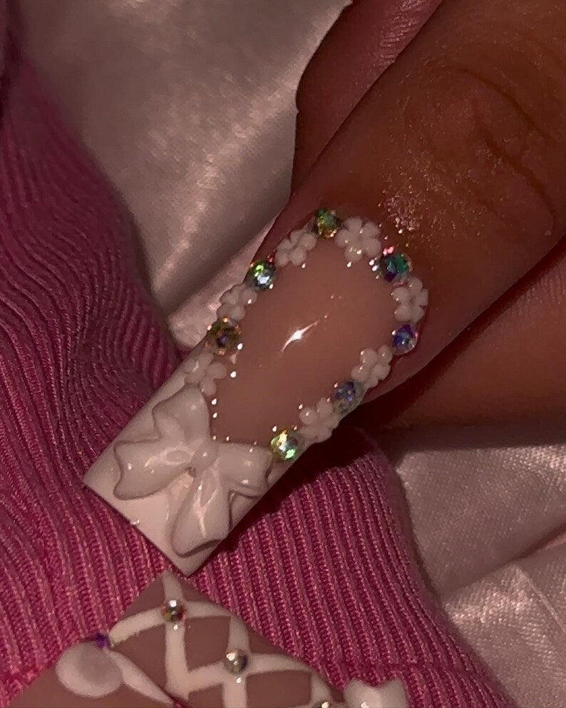 Classy Press On Nails | Long Square French Tip Nails | Floral Bow Rhinestone Design | Elegant French Tip Press On Nails