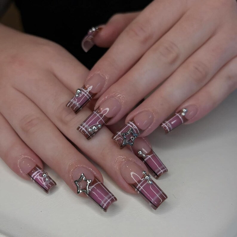 Y2K Star Press On Nails, Pink Plaid French Tip, Glossy Square Nails, Trendy 2000s Aesthetic, Pink Plaid French Tips with Silver Star charms
