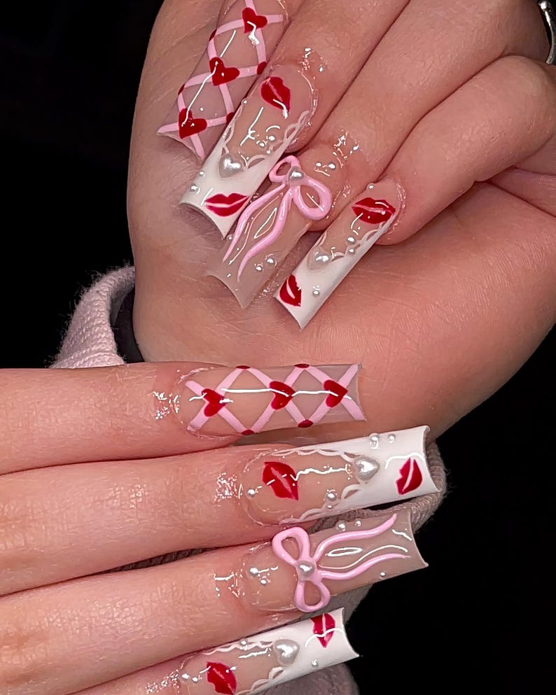 Red Kiss Press On Nails with 3D Pink Bow, White Heart Corset Nail Art, Cute Valentine Nails, Pink Ribbon Bow Nails, French Nails Tip Nails
