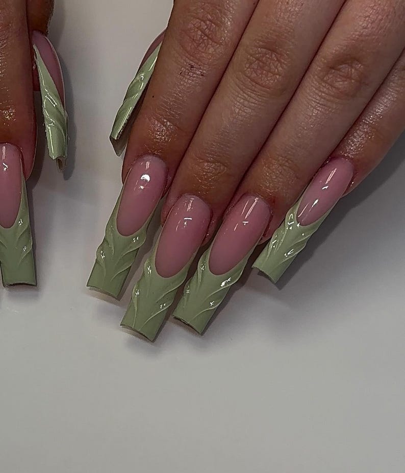 Elegant Sage Green 3D Textured V-French Press On Nails - Long Square - Minimalist Elegant Handmade Nail Art for Spring & Everyday Wear