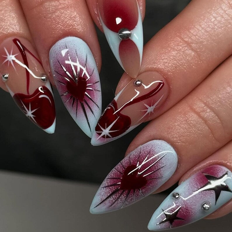 Airbrush Blue Gradient Press On Nails by SugarNailArt | Heartburst Chrome Nail Art | 3D Hearts & Stars Fake Nails | Y2K Inspired Nails