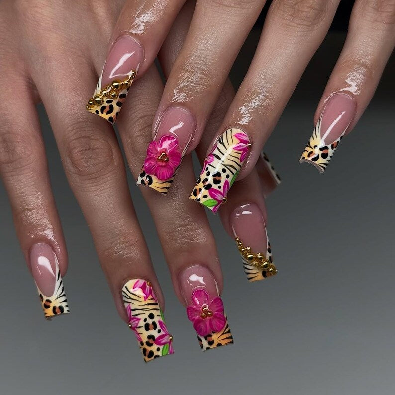Tropical Safari Press On Nails | Leopard Print Fake Nails | 3D Flower French Tips Nail Art | Glam Jungle Fake Nails | Animal Nails