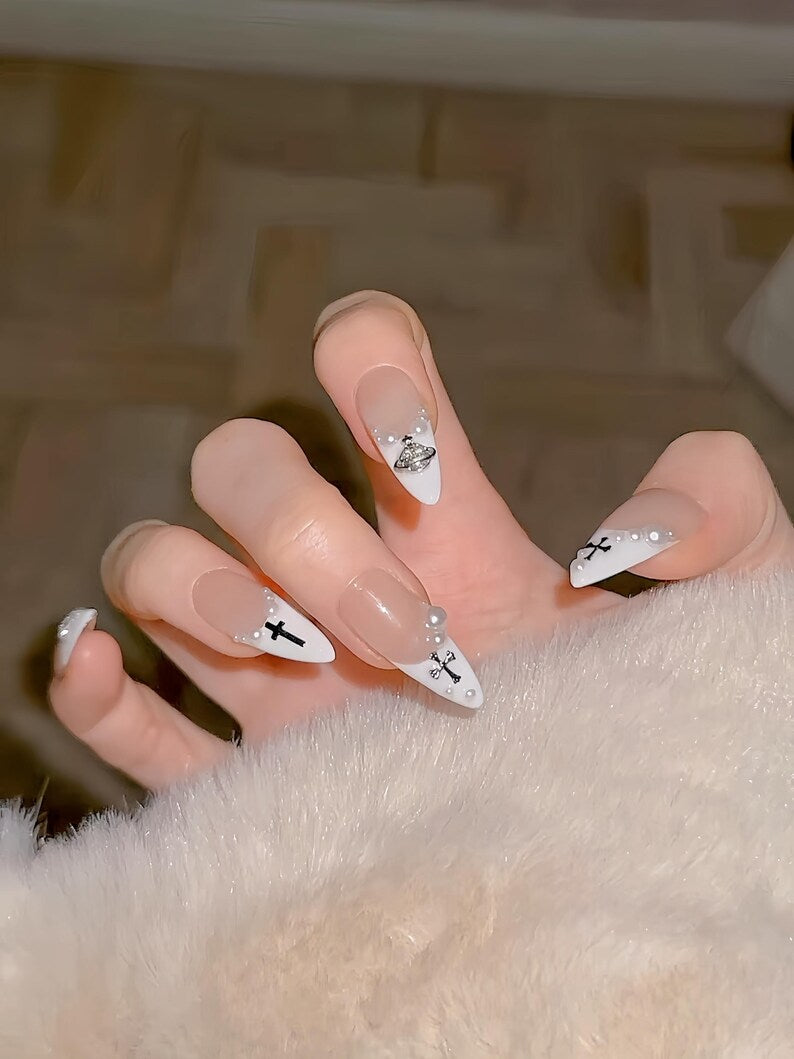 Handmade Pearl Cross Press On Nails: Edgy French Tip Nail Art