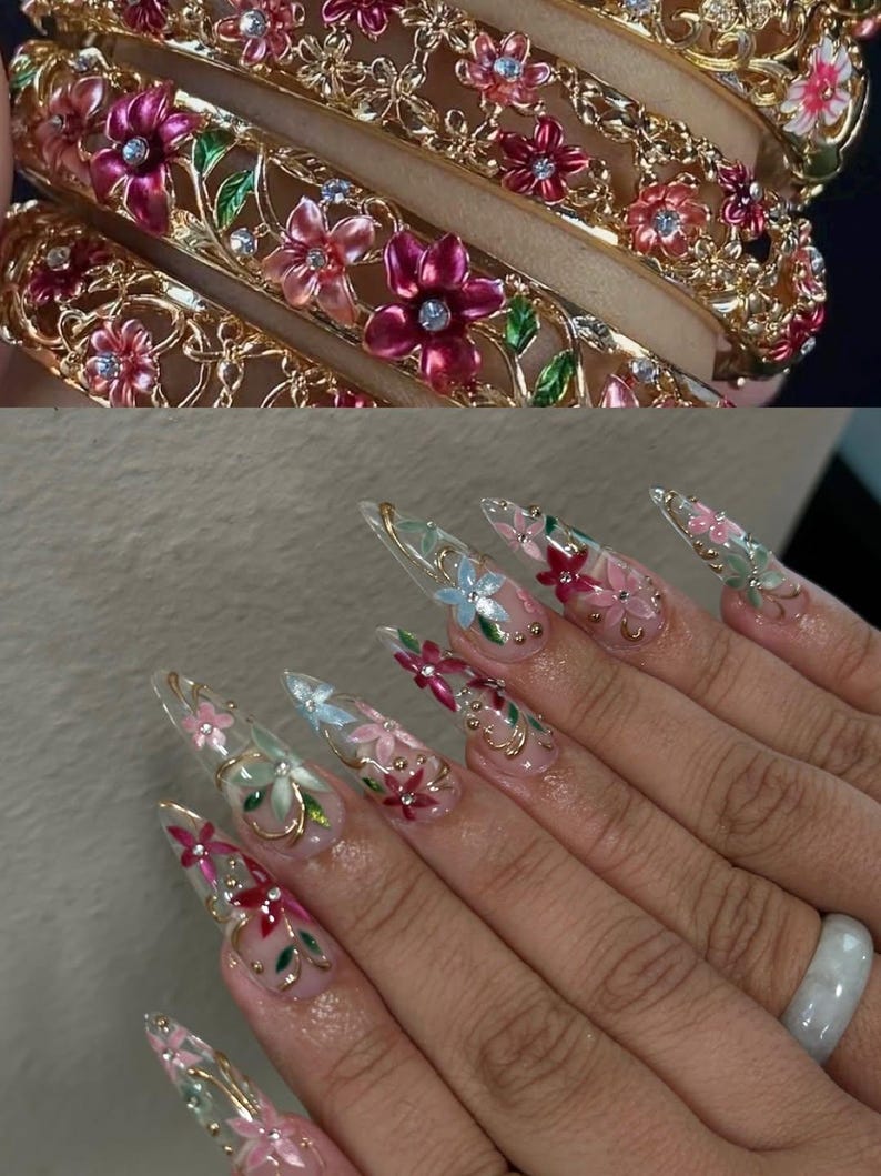 Colorful Floral Press On Nails for Romantic Girls | Garden Flower Nails for Spring | Handmade 3D Blossom Nail Art for Holidays