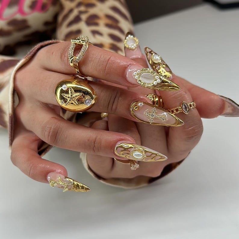 Luxury Gold Accents Press On Nail | Gilded Nail Art | Golden Glam Fake Nails | Stylish Nail Designs Acrylic Nails | Chic Nails