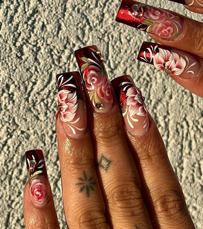 Burgundy Floral Press On Nails | 3D Rose Nail Art with Gems Nails | Floral Handpainted Rose Nails | Floral Wedding Press Ons