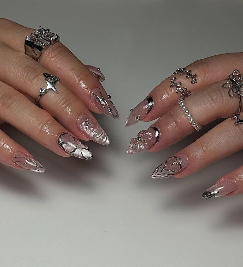 Gothic Silver Bloom Press On Nails | Metallic Floral Nail Art | 3D Chrome Accents | Elegant Gothic Statement Nails
